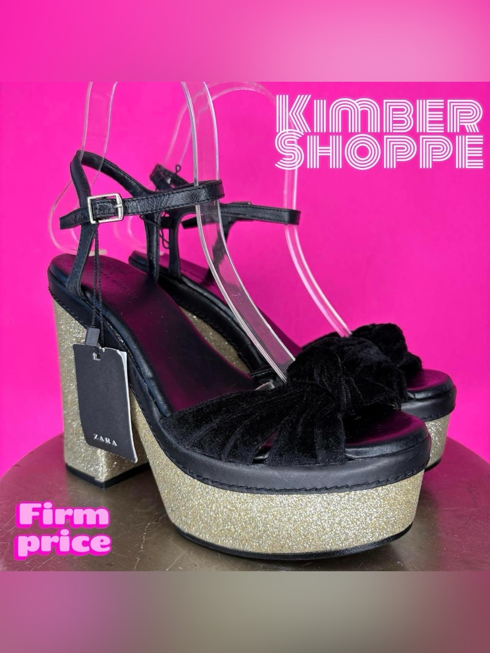 Zara Black Velvet Knot Gold Sparkly Platform Sandal EU 36 US 6